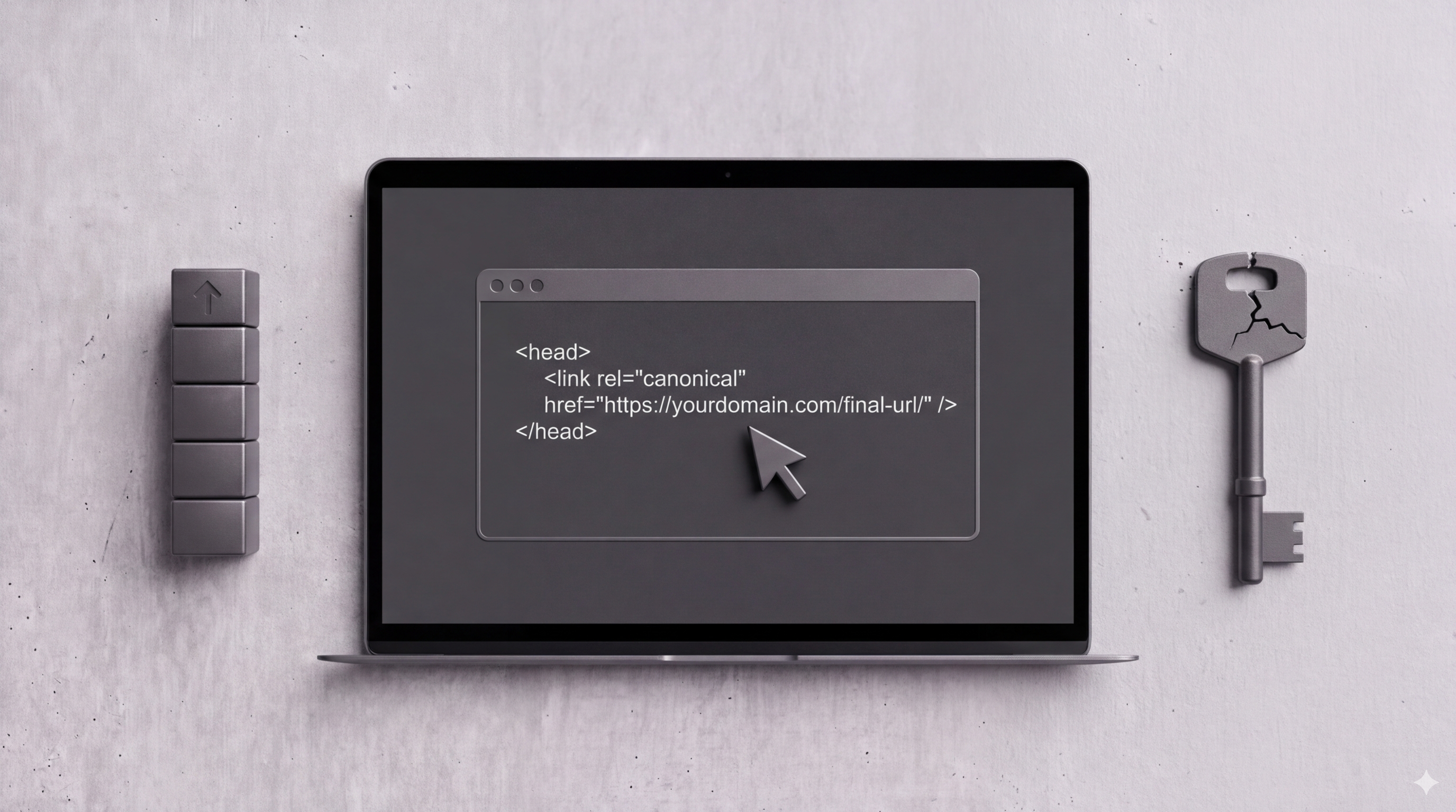 Laptop screen displaying canonical link tag HTML code, with a key symbolizing locked URL authority