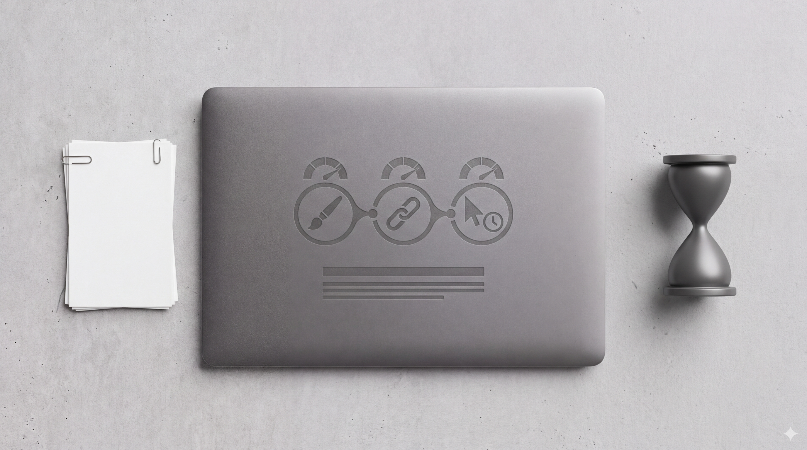 Laptop lid engraved with three performance gauges representing Core Web Vitals: paint, link interaction, and load time