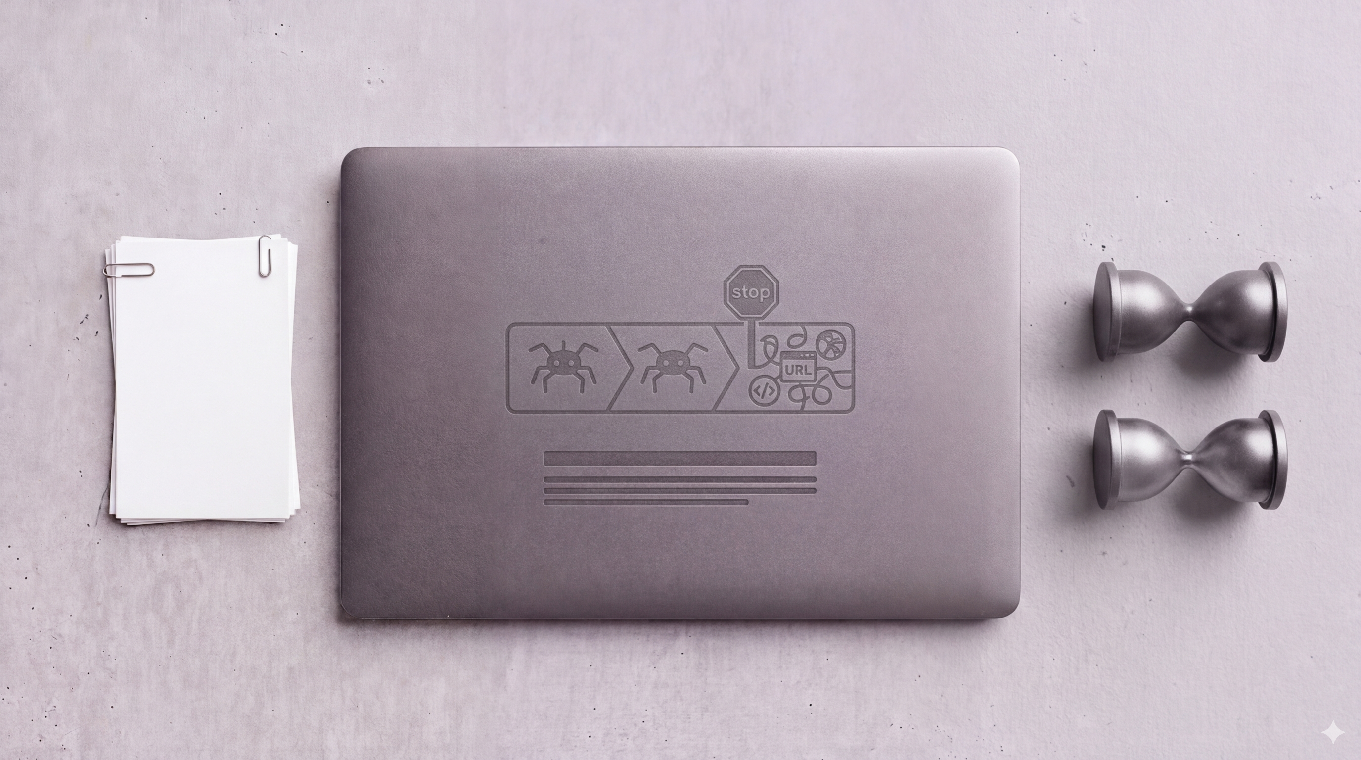 Laptop lid engraved with two crawl spiders progressing toward a stop sign, flanked by hourglasses representing crawl time limits