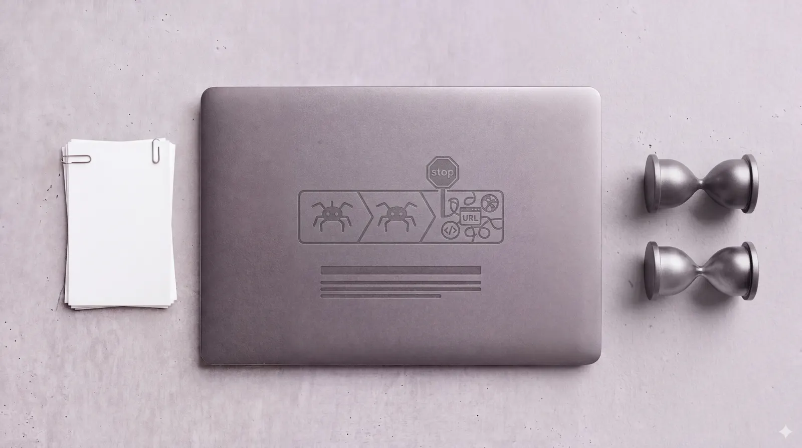 Laptop lid engraved with two crawl spiders progressing toward a stop sign, flanked by hourglasses representing crawl time limits