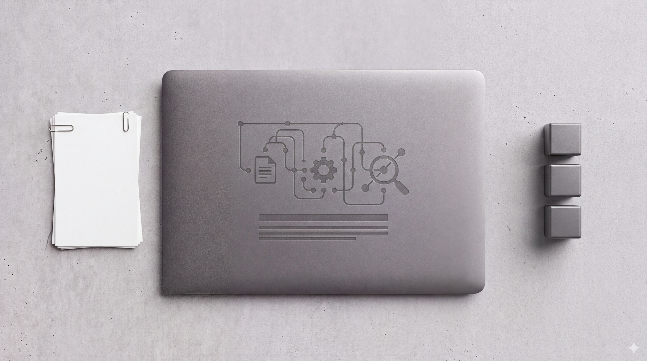 Laptop lid engraved with a flowchart connecting a document, gear, and magnifying glass representing crawl log analysis