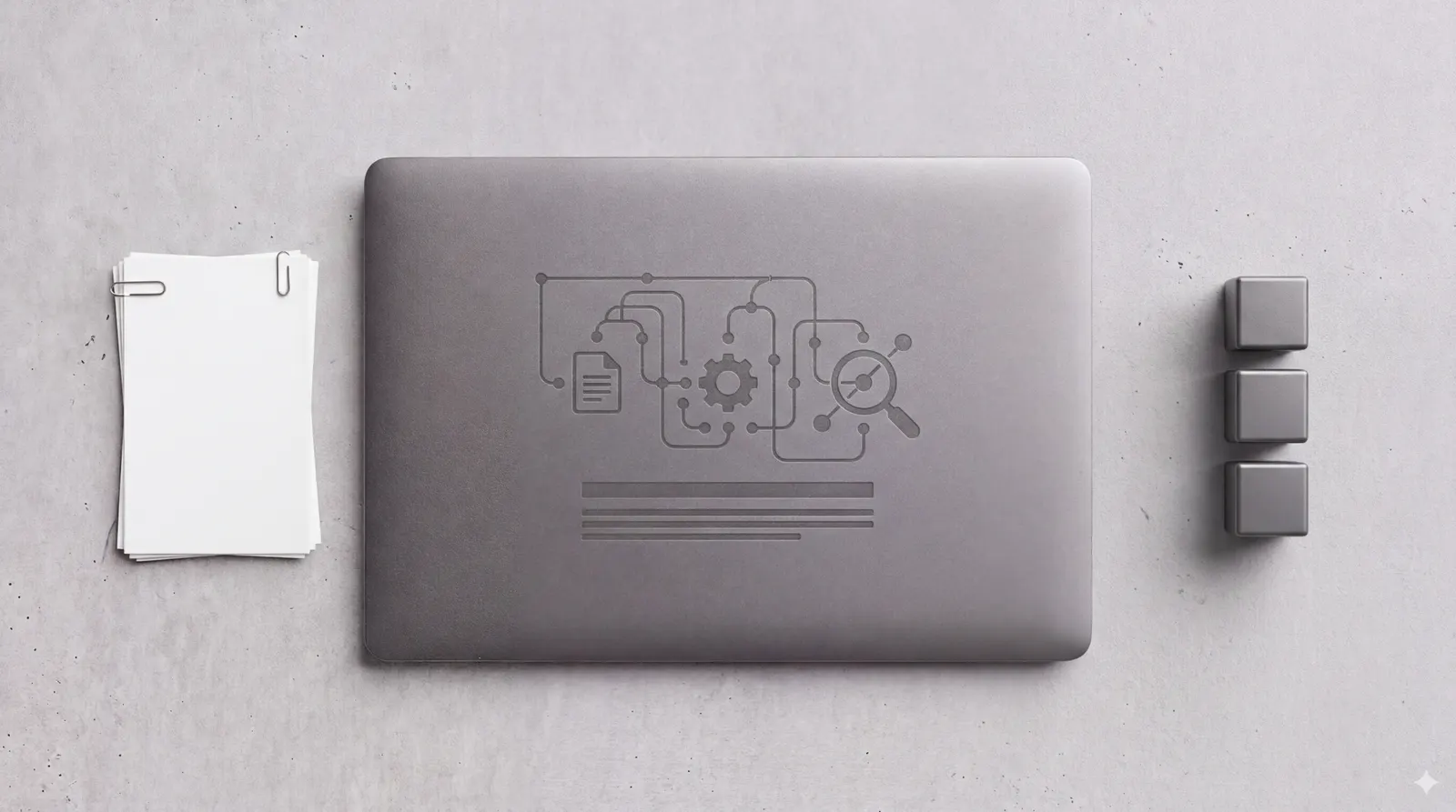 Laptop lid engraved with a flowchart connecting a document, gear, and magnifying glass representing crawl log analysis