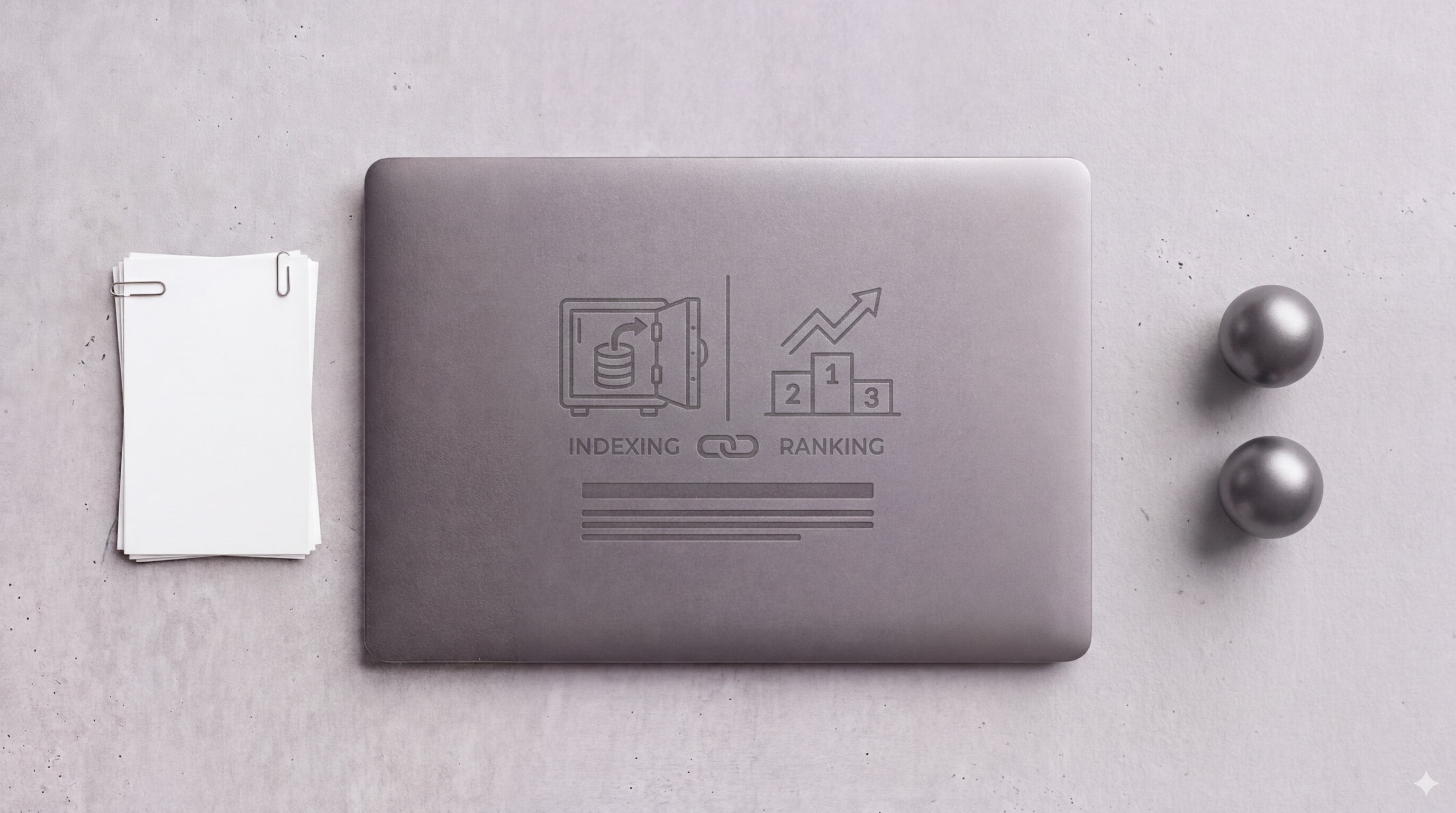 Laptop lid engraved with side-by-side icons for Indexing (database vault) and Ranking (podium chart), linked by a chain