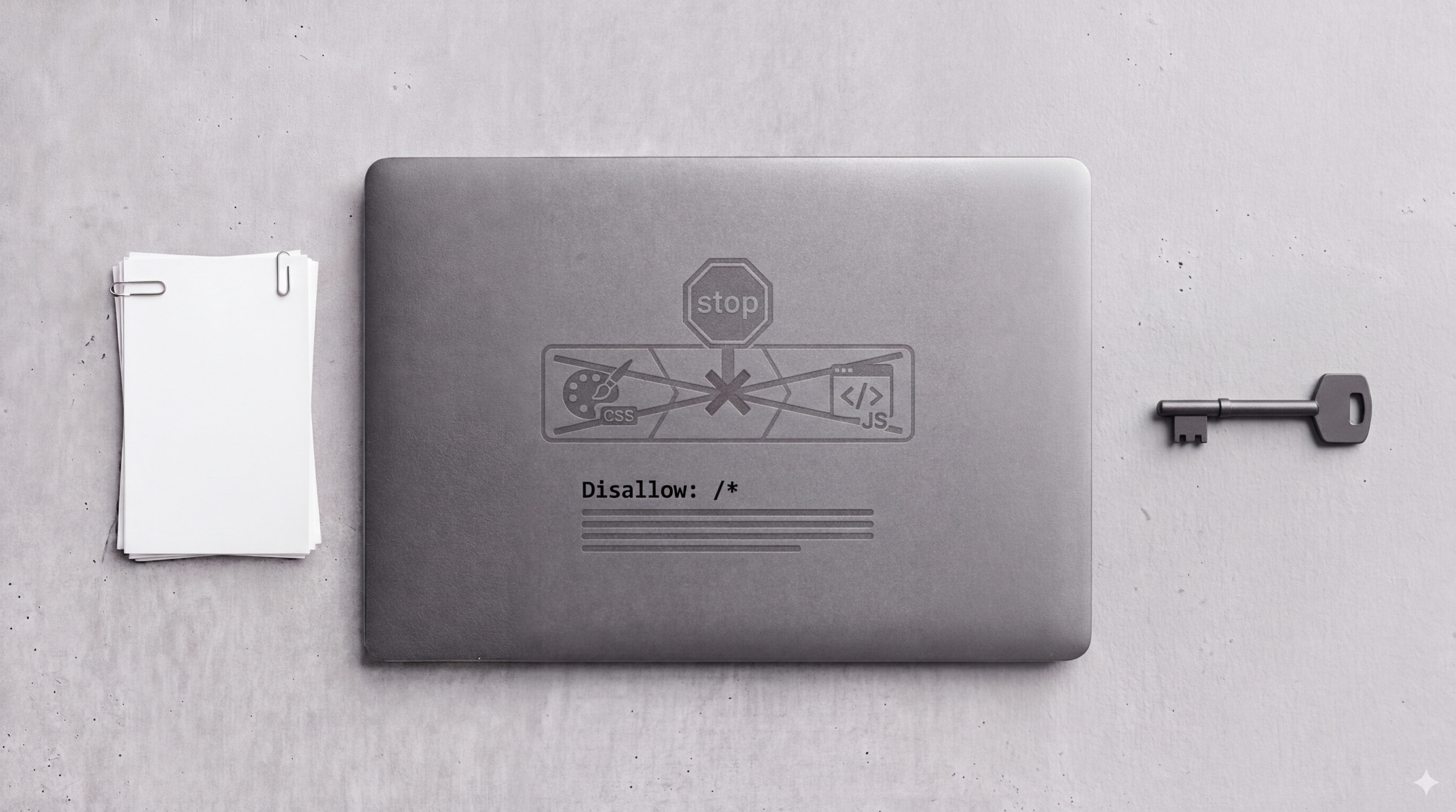 Laptop lid engraved with a stop sign and Disallow: /* rule blocking CSS and JavaScript icons